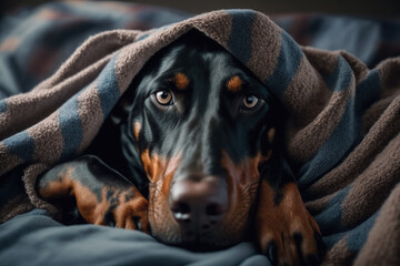 A young  Doberman dog under a blanket. The pet is basking under the plaid. The concept of caring for pets. Generative AI.
