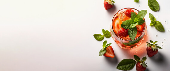 Banner. Cool refreshing cocktail or mocktail in glass with strawberry, mint and ice on light background with copy space. Summer refreshing drink. Generative AI, illustration