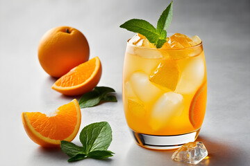 Cool refreshing cocktail or mocktail in glass with clementine or orange, mint and ice on light background. Summer refreshing drink. Generative AI, illustration
