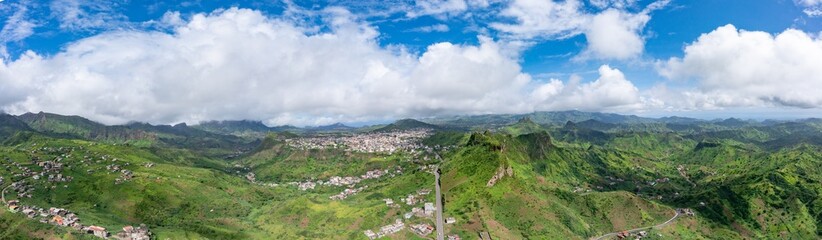 Fototapeta premium Mountainous green Santiago Island landscape in rain season in Cape Verde