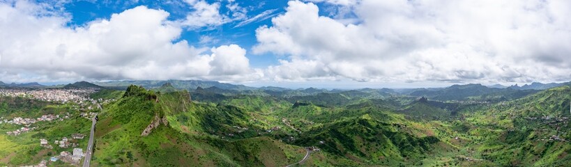 Naklejka na ściany i meble Mountainous green Santiago Island landscape in rain season in Cape Verde