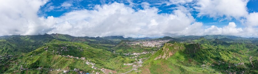 Fototapeta na wymiar Mountainous green Santiago Island landscape in rain season in Cape Verde