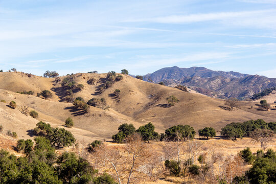 Views of the rolling hills, fall foliage, creek, and dry landscape at Malibu Creek State Park