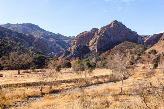 Views of the rolling hills, fall foliage, creek, and dry landscape at Malibu Creek State Park