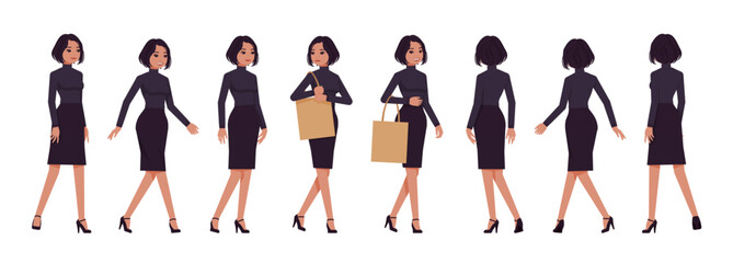 Business woman professional lady set, attractive woman walk, run poses. Office girl, female manager, classic black fit turtleneck, skirt. Vector flat style cartoon character isolated, white background
