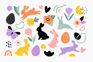 Easter collection. Vector illustration of cartoon colorful rabbits silhouettes in different poses and actions, patterned eggs, abstract shapes and flowers. Isolated on white