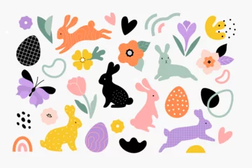 Zelfklevend Fotobehang Easter collection. Vector illustration of cartoon colorful rabbits silhouettes in different poses and actions, patterned eggs, abstract shapes and flowers. Isolated on white © nadzeya26
