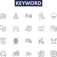 Keyword line vector icons and signs. Phrases, Search, Terms, Queries, Tags, Cues, Keywords, Signals outline vector illustration set - obrazy, fototapety, plakaty