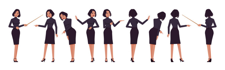 Business woman professional lady set, attractive woman point poses. Office girl, female manager, classic black fit turtleneck, skirt. Vector flat style cartoon character isolated on white background