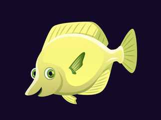 Cute underwater animal. Colorful sticker or poster with beautiful yellow fish with fins. Aquarium pet. Inhabitant of sea or ocean.. Cartoon flat vector illustration isolated on dark background
