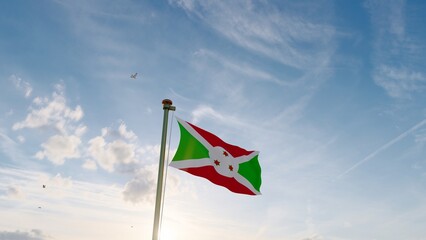 Flag of Burundi waving in the wind, sky and sun background. Burundi Flag. Realistic Animation, UHD. 3D Rendering. 