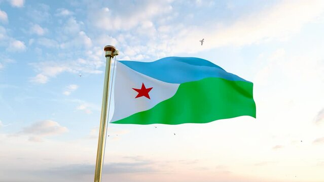 Flag of Djibouti waving in the wind, sky and sun background. Djibouti Flag Video. Realistic Animation, 4K UHD. 