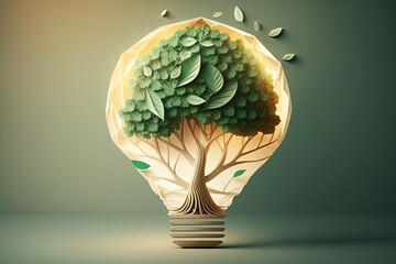 Paper art tree isolated growing inside of a light bulb. Generative AI