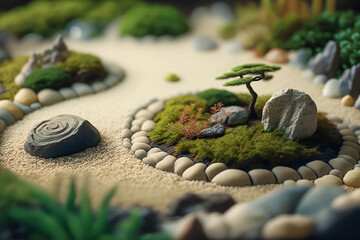 Japanese zen garden background, stones and sand, generative ai - obrazy, fototapety, plakaty
