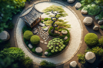 Japanese zen garden top view, generative ai