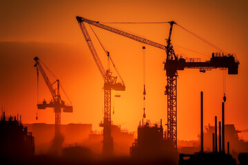Cranes at a construction site against an orange sunset, sillhouette, generative ai
