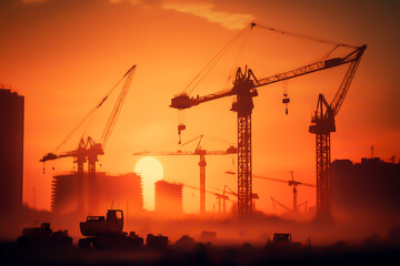 Cranes at a construction site against an orange sunset, sillhouette, generative ai
