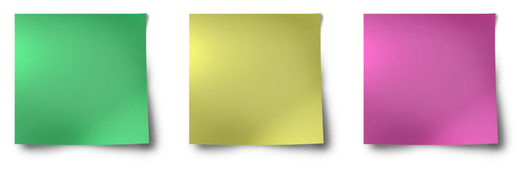 Drei Notizzettel ind grün, gelb und rot ohne Hintergrund für individuelle Anpassungen
