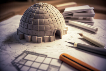 igloo under construction on blueprints, building projects concept, generative ai