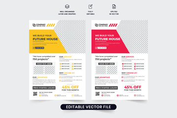 Home construction and renovation service promotional poster and flyer design with red and yellow colors. Real estate business flyer template vector. Handyman service advertisement banner design.