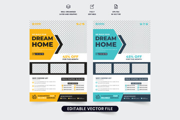 Home construction and renovation service promotional web banner and poster design with yellow and aqua colors. House renovation flyer design with photo placeholders. Real estate home making business.