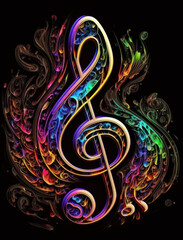 colorful neon light music clef symbol with black background Generative AI, Generativ, KI