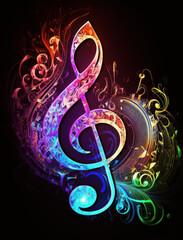 Fototapeta premium colorful neon light music clef symbol with black background Generative AI, Generativ, KI