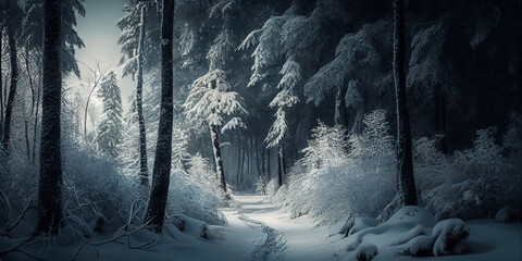 A snow-covered forest with a winter wonderland feel generated by AI