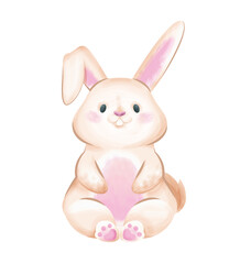 Cute Woodland Animal. Colorful sticker with fluffy rabbit or hare. Forest bunny. Watercolor design element for Easter greeting card. Cartoon flat vector illustration isolated on white background