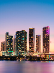 Fototapeta na wymiar Skyline of Miami Downtown at sunset,night illuminated..Floridas East Coast.Miami Florida USA