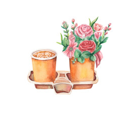 Watercolor flowers and coffee illustration. Bouquet with flowers and cappuccino. Caffe latte. Love and romantic. Design for greetings, cards, packing, cards, flower shop, coffee shop, decoration.