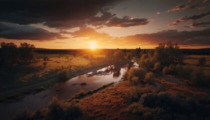 Fototapeta na wymiar Professional drone shot of amazing landscape at sunset with trees, mountains, lake. Generative AI