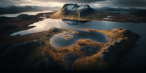 Professional drone shot of amazing landscape at sunset with trees, mountains, lake. Generative AI
