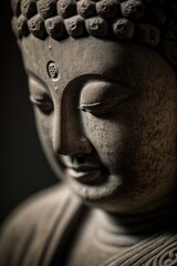 Buddhist statue close up. Stone carved head of buddha. Buddha portrait in stone. Generative AI