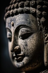 Fototapeta na wymiar Buddhist statue close up. Stone carved head of buddha. Generative AI