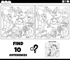 differences game with wild animal characters coloring page