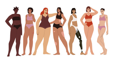 Body positive and self acceptance. Women of different ages, skin colors, ethnic groups and body types. Girls in swimsuits standing together. Cartoon flat vector illustration isolated on white