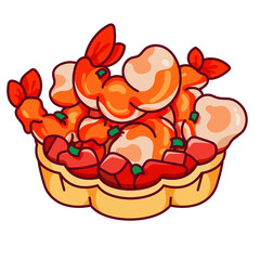 Shrimp tartlets recipe illustration vector. Empanadas de camarones. Prawn pie puff pastry icon design. Shrimp and leek savory pie cartoon.