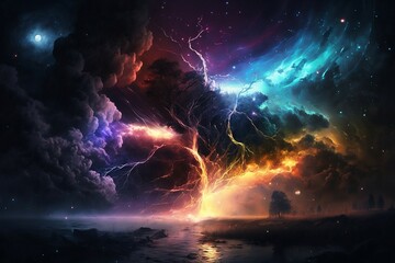 Dark Cosmic space with colorful Lightning in the background. created by Generative AI illustrations. 