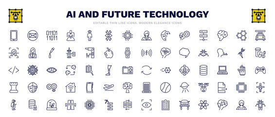 set of ai and future technology thin line icons. ai and future technology outline icons such as smartphone, binary, high speed tube, robot assistant, replacement, mobile flexible display, secure