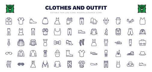 set of clothes and outfit thin line icons. clothes and outfit outline icons such as formal shirt, leather chelsea boots, leather gloves, ballets flats, scarf on hanger, men socks, bucket bag, long