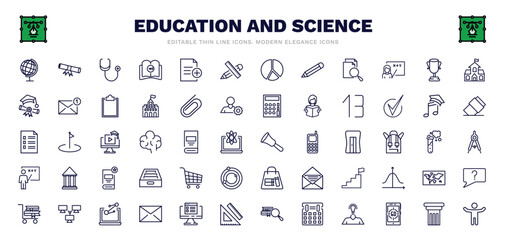 set of education and science thin line icons. education and science outline icons such as school globe, cardiology tool, school supplies, big trophy, numbers, hand bell, shopping cart, science in a