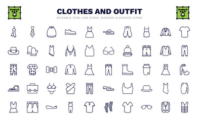 set of clothes and outfit thin line icons. clothes and outfit outline icons such as scarf on hanger, circle skirt, harem pants, barrel handbag, boyfriend low jean, chi pants, gladiator sandal,