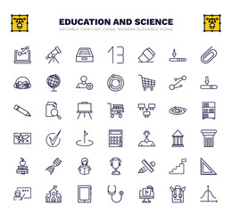set of education and science thin line icons. education and science outline icons such as science in a laptop, archives, eraser, molecular bond, cart with books, check mark, greek pillar, school