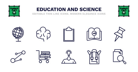 set of education and science thin line icons. education and science outline icons such as human brain, clipboard with a+, audiobook, pushpin, molecular bond, molecular bond, cart with books, having