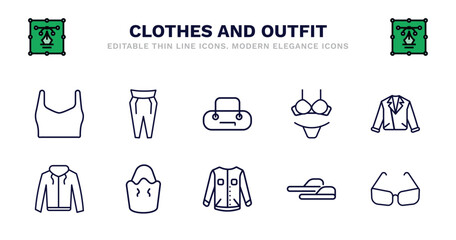 set of clothes and outfit thin line icons. clothes and outfit outline icons such as pegged pants, barrel handbag, lingerine, leather biker jacket, hooded jacket, hooded jacket, bucket bag, denim