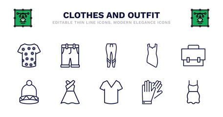 set of clothes and outfit thin line icons. clothes and outfit outline icons such as chino shorts, leggins, cocktail dress, messenger bag, knit hat with pom pom, knit hat with pom long sleeveless