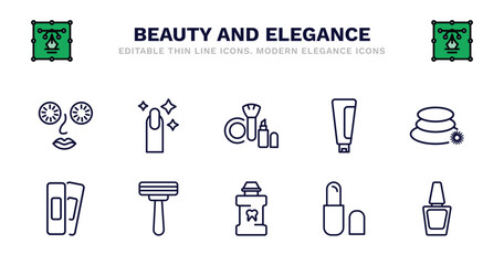 set of beauty and elegance thin line icons. beauty and elegance outline icons such as finger with nail, make up, cream tube, massage, patches, patches, disposable razor, mouthwash, inclined