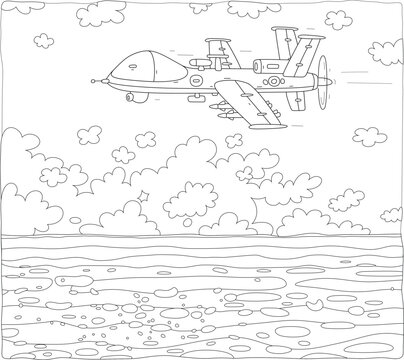 Modern military pilotless drone flying over a surface of a sea, black and white outline vector cartoon illustration