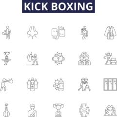 Foto op Plexiglas Kick boxing line vector icons and signs. Pummeling, Striking, Punching, Sparring, Jabbing, Kicking, Uppercuts, Knocking outline vector illustration set © iconsgraph